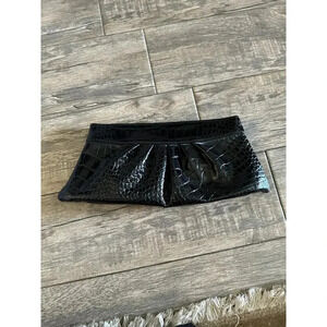 Lauren Merkin Black Crinkled Leather Glossy Pleated Clutch Handbag